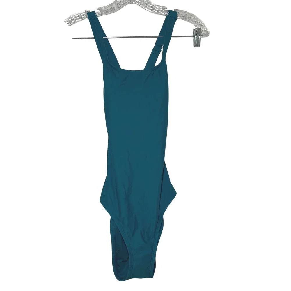 NWT Quince Italian Cross-Back One-Piece Swimsuit in Lagoon Teal Blue women's xs